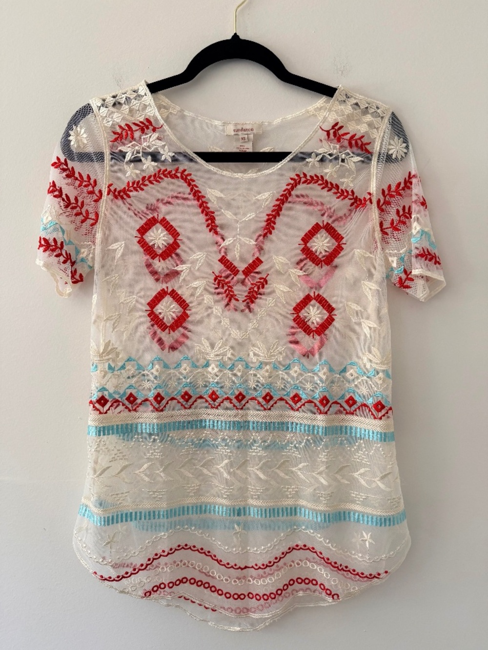 Sundance Sheer Mesh Aztec Turquoise Embroidery Swim Cover Up Boho Festival Top